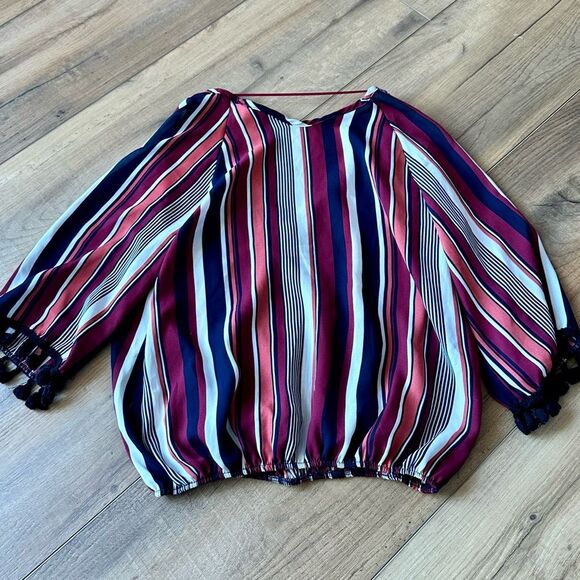 Lavender Field Top Blouse Small Red Women's Tassel Fringe Quarter Sleeve Stripes - Picture 2 of 6